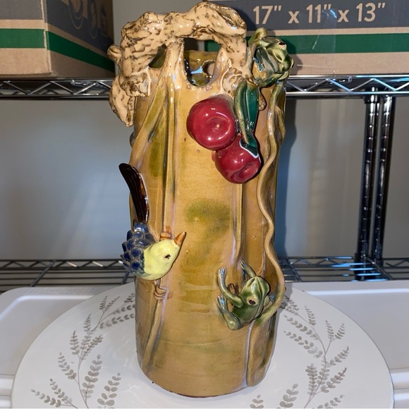 Shiwan Style Blue Glaze Majolica Large Vase w Bird Motif 11”High - Picture 10 of 11